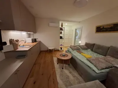 a kitchen and a living room with a couch at Ievos apartamentai in Birštonas
