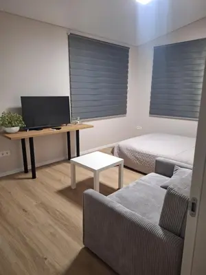 a bedroom with a bed and a desk with a computer at Kambarių nuoma prie Kauno oro uosto in Karmėlava