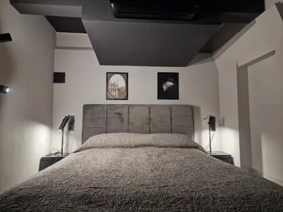 a bedroom with a large bed with two lamps at Stylish loft in Vilnius