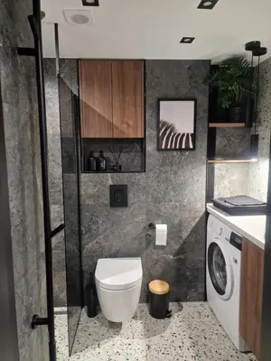 a bathroom with a toilet and a washing machine at Stylish loft in Vilnius