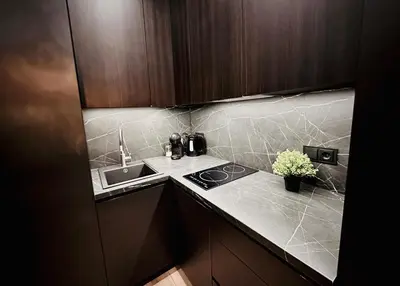 a small kitchen with a sink and a stove at M&M Apartment IV SELF CHECK-IN in Panevėžys