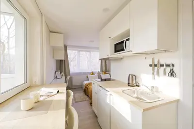 a kitchen with white cabinets and a living room at Vilnius prie centro ramybė tarp medžių in Vilnius