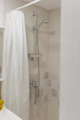 a shower with a shower curtain in a bathroom at Vilnius prie centro ramybė tarp medžių in Vilnius