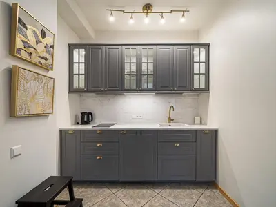 a kitchen with gray cabinets and a sink at Bernardinu Boutique in Vilnius