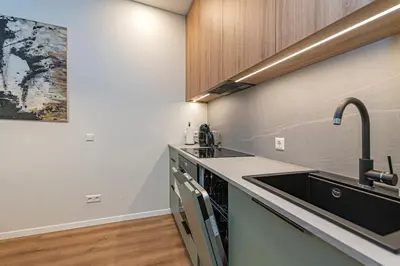 a kitchen with a sink and a counter at Vytauto 43 Residence 3 by Domvia in Kaunas
