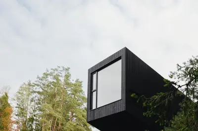 a black house with a window on the side of it at Blackview cabin in Kulautuva