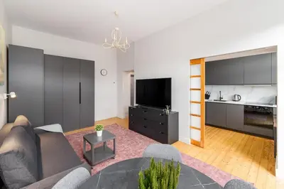 a living room with a couch and a tv at Charming Apartment in Kaunas Old Town in Kaunas