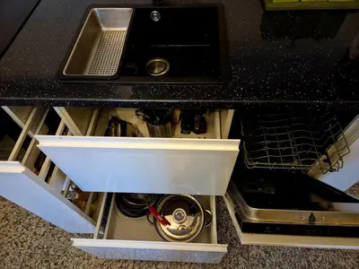 a drawer in a kitchen counter with a sink at Cozy Fryko Era Home - 1929, 2 double beds in Kaunas