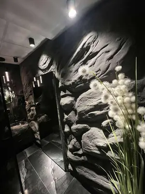a bathroom with a rock wall with a mirror at Host 5 apartment in Kaunas