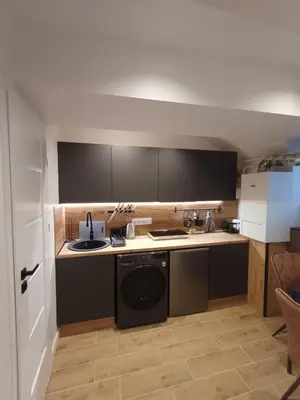 a kitchen with a sink and a dishwasher at Flowers appartments in Vilnius