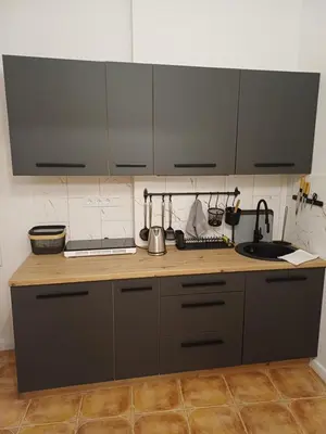 a kitchen with grey cabinets and a sink at Flowers appartments in Vilnius