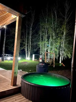 a large green pool on a deck at night at Pas Milėją