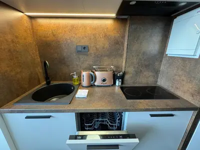 a small kitchen with a sink and a stove at EGo Apartment in Vilnius