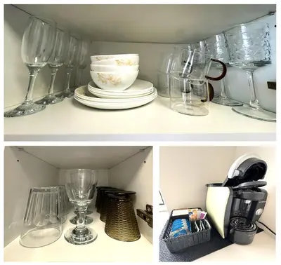 two pictures of empty wine glasses on a shelf at EGo Apartment in Vilnius