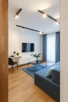 a living room with a blue couch and a tv at Self Check-in Home in Vilnius center in Vilnius