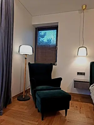 a living room with a chair and a lamp at White house in Vilnius in Vilnius