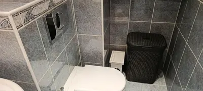 a bathroom with a toilet and a trash can at Ruola in Kaunas