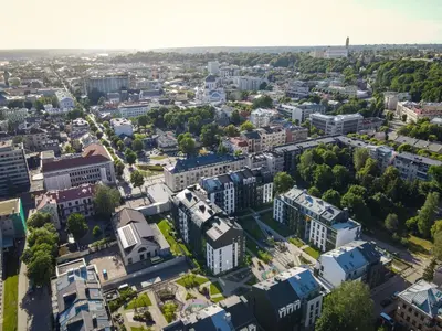 an aerial view of a city with buildings at NewTown Krėvos Apartments in Kaunas