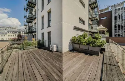 two pictures of a balcony of a building at Vincent City Luxe - Near Clinic, Arena and Stadium in Kaunas