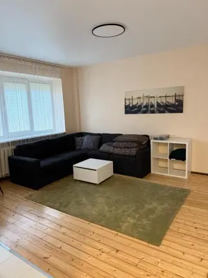 a living room with a black couch and a table at Paupys Cozy Studio in Vilnius