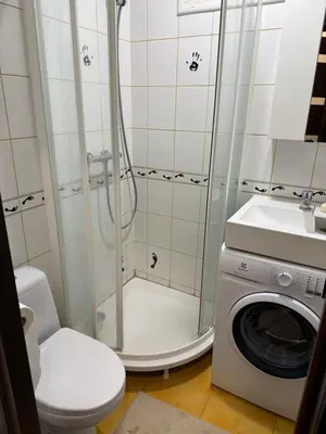 a bathroom with a shower and a washing machine at Paupys Cozy Studio in Vilnius