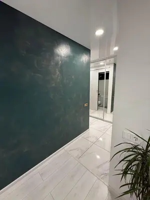 a hallway with a green wall and a potted plant at Welcome to Dovas Home in Anykščiai