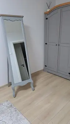a mirror sitting on the floor next to a closet at Irenos Nuoma in Šiauliai