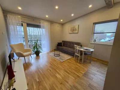a living room with a couch and a table at Jaukus butas Panemunėje su vaizdu į Nemuną in Kaunas