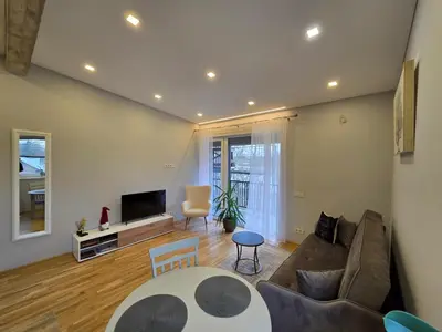 a living room with a couch and a tv at Jaukus butas Panemunėje su vaizdu į Nemuną in Kaunas