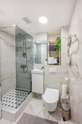 a white bathroom with a shower and a toilet at Cozy airport apartment