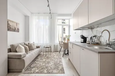 a living room with a couch and a kitchen at Cozy Apartment for Rest & Creativity 6 in Vilnius