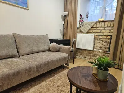 a living room with a couch and a table at Urban oasis apartments in Vilnius
