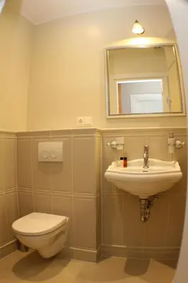 a bathroom with a toilet and a sink and a mirror at Vila Klasika in Birštonas