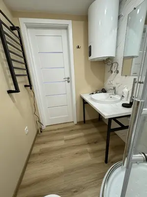 a bathroom with a sink and a white door at Florina namai 2 in Marijampolė