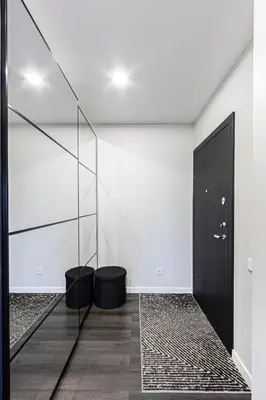 a hallway with a black door and two black trash can at Spacious and Modern Apartment with Free Parking in Vilnius