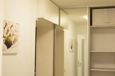 a bathroom with a mirror and a closet at Snow apartment in Druskininkai