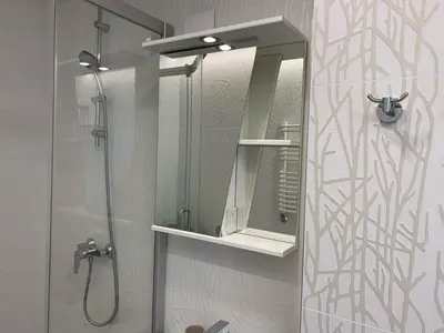 a bathroom with a shower and a mirror at Snow apartment in Druskininkai