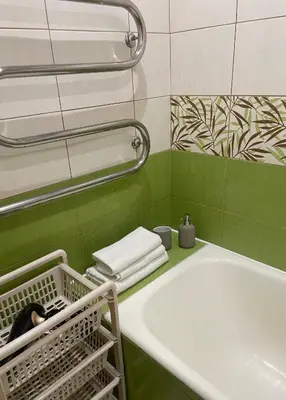 a green bathroom with a tub and a sink at Silver Vytauto Apartments in Šiauliai