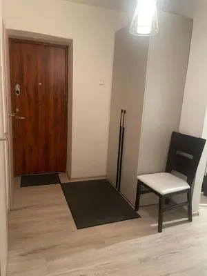 a room with a chair and a wooden door at Silver Vytauto Apartments in Šiauliai