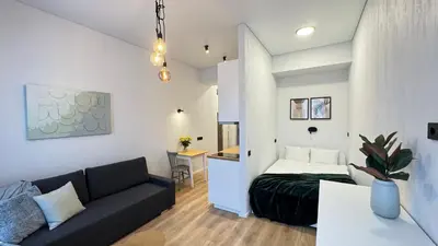 a living room with a couch and a bed in a room at Cosy Sopenas home in Vilnius