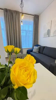 a living room with a yellow flower on a table at Cosy Sopenas home in Vilnius
