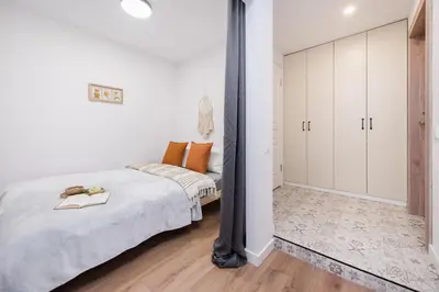 a bedroom with a king sized bed and a closet at 00Near Gates of Dawn Cozy bright 1 bedr in Vilnius