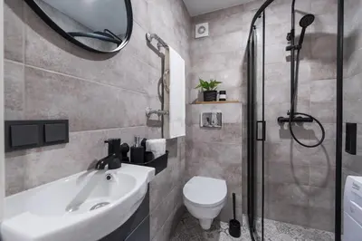 a bathroom with a toilet and a sink and a shower at 00Near Gates of Dawn Cozy bright 1 bedr in Vilnius
