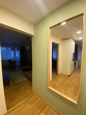 a mirror on a wall in a living room at Two Bedroom COZY apatment in Vilnius