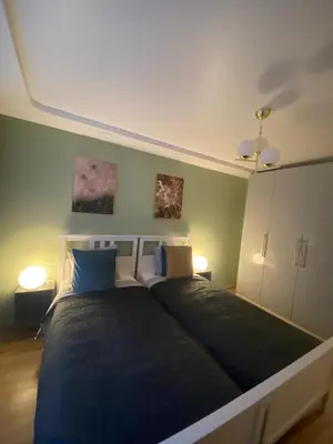a bedroom with a large bed with two blue pillows at Two Bedroom COZY apatment in Vilnius