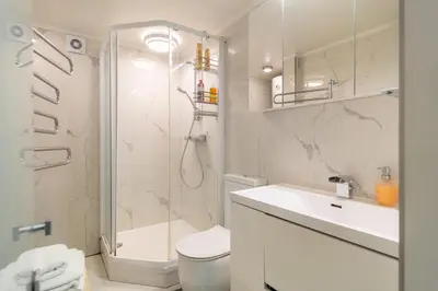 a bathroom with a shower and a toilet and a sink at Old Town Luxury apartment self check inn in Vilnius
