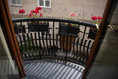 a view of a balcony with red flowers in pots at Stylish & Brand New 1 BDR Apartment in Old Town in Vilnius