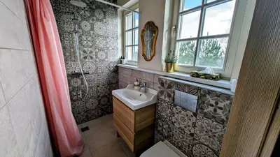 a bathroom with a sink and a shower at Vila Vynuogyne in Paberžė