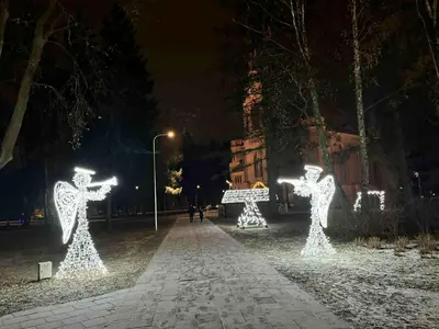 a park lit up at night with christmas lights at Kasia apartaments in Druskininkai