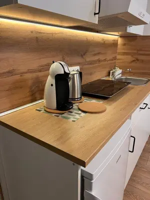 a kitchen counter with a toaster and a tea kettle at Mėja stay in Kaunas